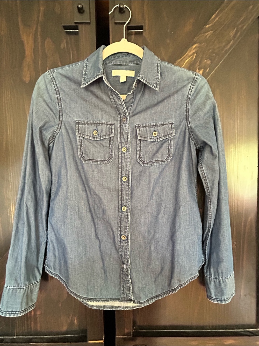 Petite XS Casual Chambray Button-Up Shirt in Light Blue